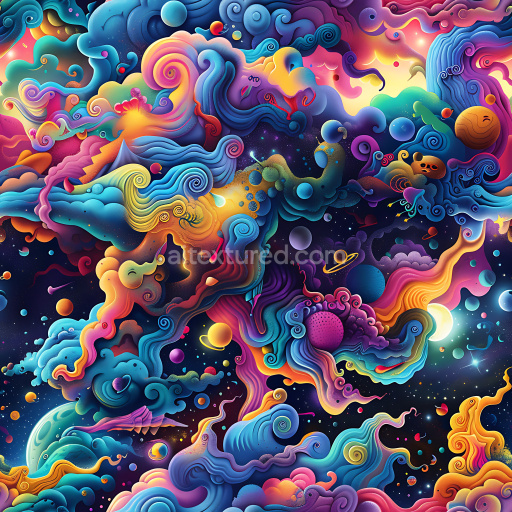 Seamless 3D PBR Graffiti Texture Featuring Psychedelic Cosmic Swirls and Vibrant Color Blends