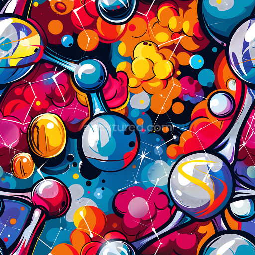 Seamless 3D PBR Graffiti Texture Featuring Bright Cosmic Orbs and Colorful Cloud Patterns