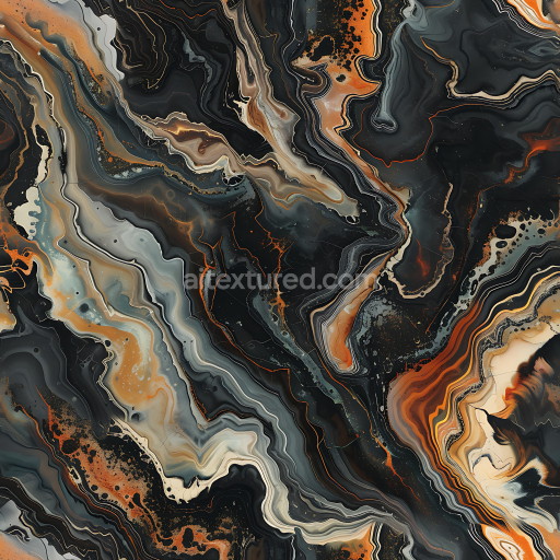 Seamless 3D Black Marble PBR Texture Featuring Fiery Orange and Cream Veins