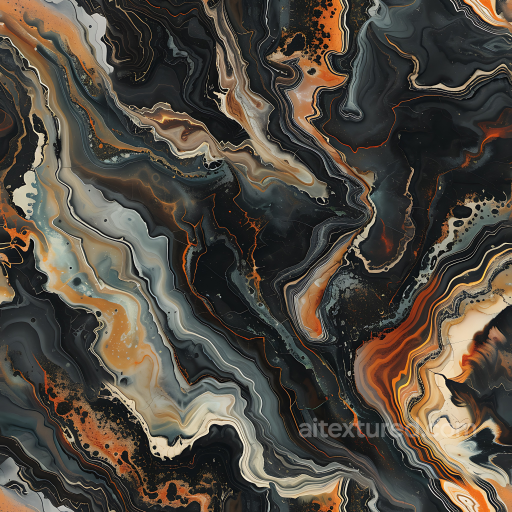 Black Marble PBR Texture Featuring Fiery Orange and Cream Veins seamless Marble PBR texture