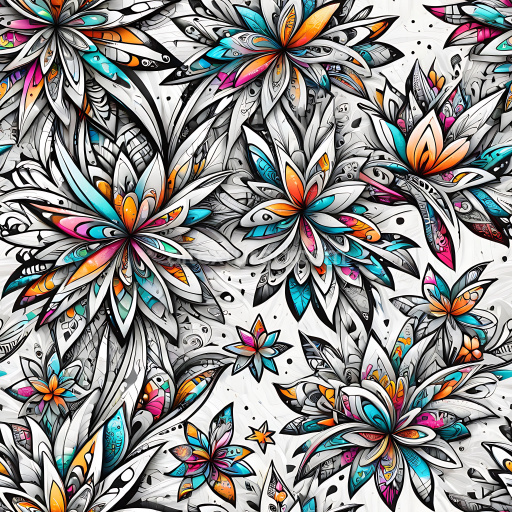 Seamless 3D PBR Graffiti Texture Featuring Vibrant Abstract Floral Motifs in White, Orange, Blue, and Pink