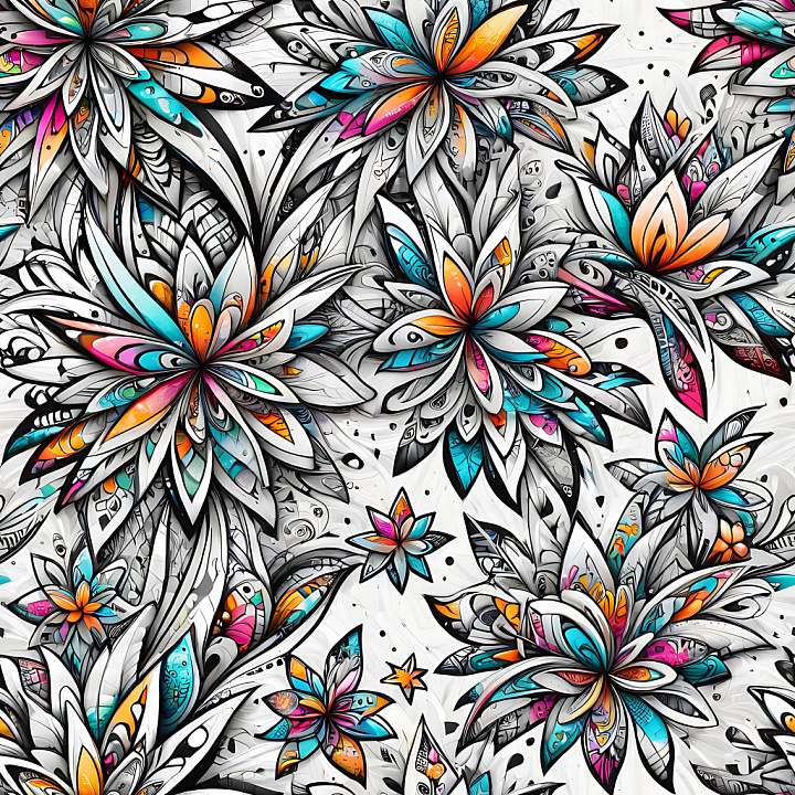 Graffiti Featuring Vibrant Abstract Floral Motifs in White, Orange, Blu… seamless PBR texture preview
