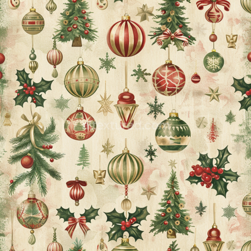 Seamless 3D PBR Texture of Vintage Christmas Fabric Pattern with Ornaments and Holly Berries