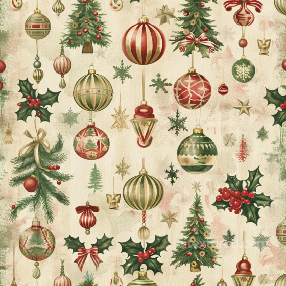 Christmas Vintage Texture of Vintage Christmas Fabric Pattern with Ornaments and Holly Be… Christmas vintage texture preview