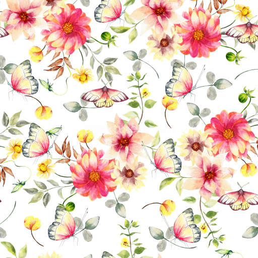 Seamless 3D PBR Watercolor Butterflies and Floral Fabric Texture with Soft Pastel Palette