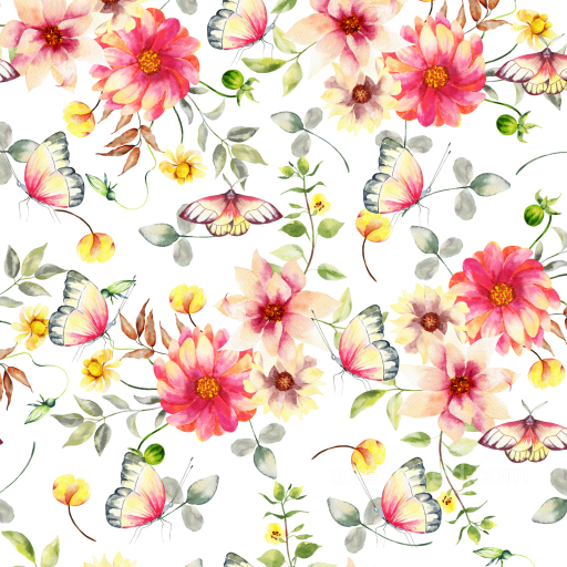 Watercolor Butterflies and Floral Fabric Texture with Soft Pastel Palette seamless Watercolor Butterflies PBR texture