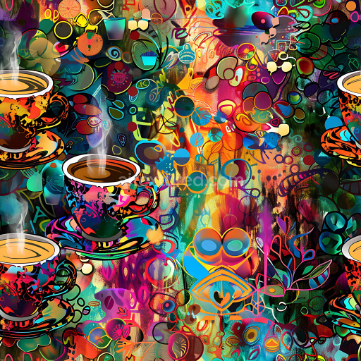 Seamless 3D PBR Texture Featuring Vibrant Graffiti and Steaming Coffee Cups