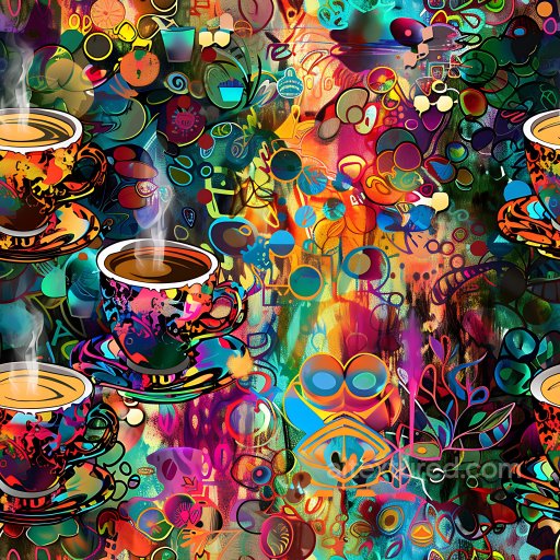 Seamless 3D PBR Texture Featuring Vibrant Graffiti and Steaming Coffee Cups texture preview