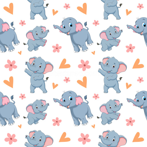 Pattern Bundle - Seamless 3D Pattern PBR Texture Featuring Cute Cartoon Elephants, Hearts, and Flowers texture preview