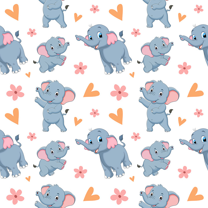 Pattern Featuring Cute Cartoon Elephants, Hearts, and Flowers seamless PBR texture preview