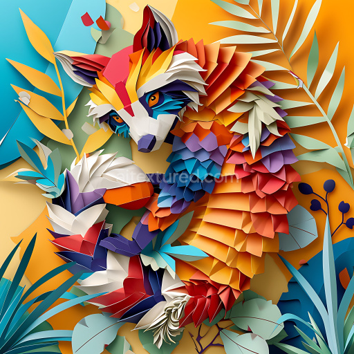 Seamless 3D PBR Texture Featuring Vibrant Origami-Style Coati with Layered Paper Effect