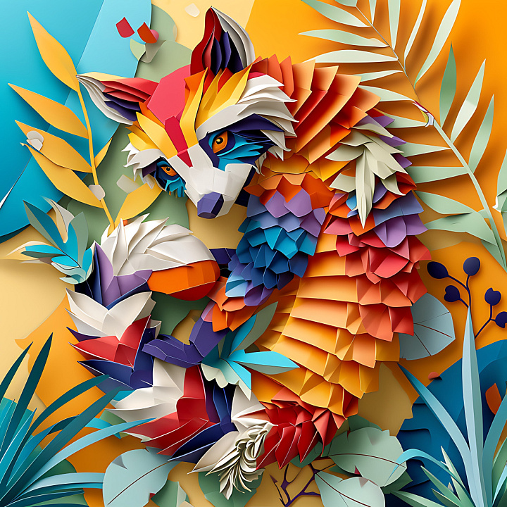 Featuring Vibrant Origami-Style Coati with Layered Paper Effect seamless PBR texture preview