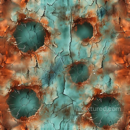 Cracked and Holed Rusted Metal PBR Texture with Turquoise and Orange Patina seamless Cracked & Holes PBR texture