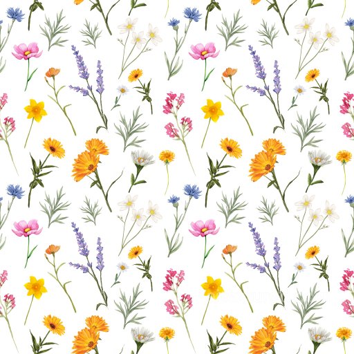 Seamless 3D Wildflower Floral Pattern PBR Texture with Watercolor Motifs texture preview