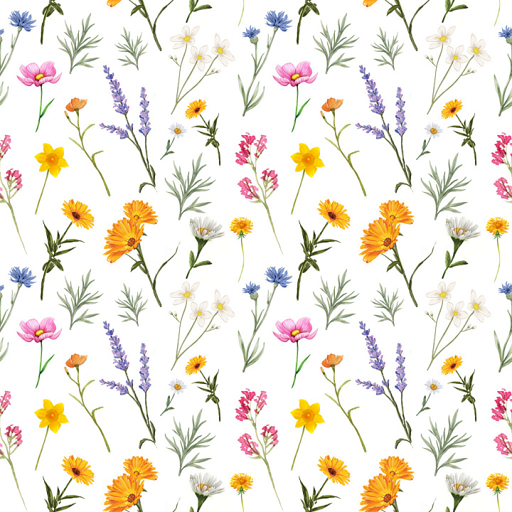 Wildflower Floral Pattern with Watercolor Motifs seamless PBR texture preview