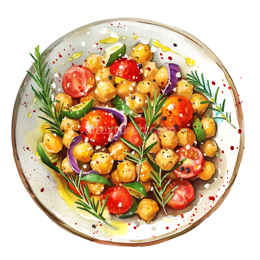 Scrambled Chickpeas Breakfast with Fresh Cherry Tomatoes and Herbs Illustration