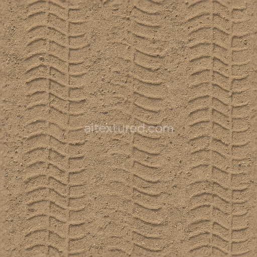 Seamless 3d texture pbr 8k flat tire print on dry sand with shallow tread and loose gravel soil imprint
