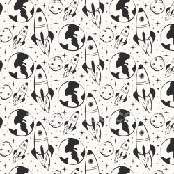 seamless Seamless 3D PBR Space-Themed Black and White Pattern Texture with Rockets and Planets texture 8k free download PBR