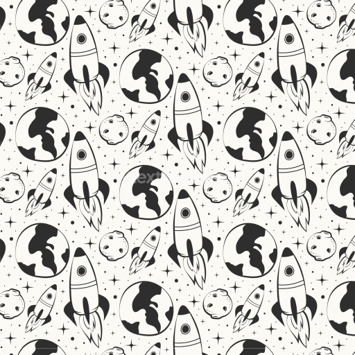 Seamless 3D PBR Space-Themed Black and White Pattern Texture with Rockets and Planets