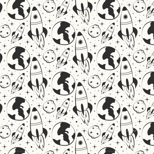 Space-Themed Black and White Pattern Texture with Rockets and Planets seamless White & Black PBR texture