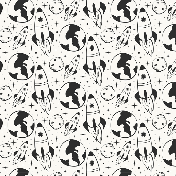 Space-Themed Black and White Pattern with Rockets and Planets seamless PBR texture preview