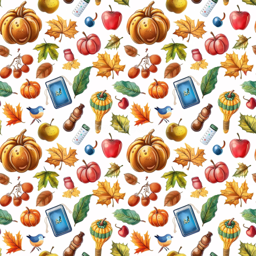 Seamless 3D PBR Texture with Thanksgiving Cartoon Pumpkins, Leaves, and Fruits