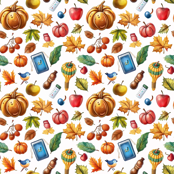 with Thanksgiving Cartoon Pumpkins, Leaves, and Fruits seamless PBR texture preview