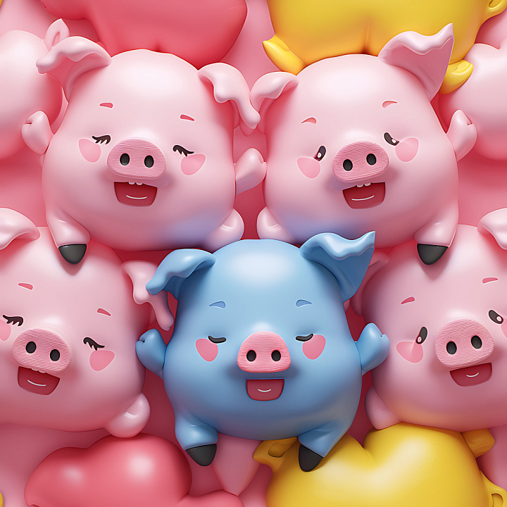 Inflated Toy Pig Pattern in Pink, Blue & Yellow seamless PBR texture preview