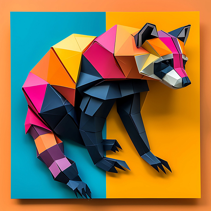 Animal of Vibrant Origami-Inspired Coati with Geometric Color Blocks seamless PBR texture preview