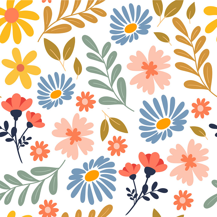 Floral Pattern Featuring Colorful Daisies and Leaves seamless PBR texture preview