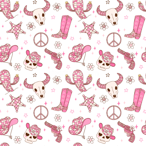 Seamless 3D PBR Texture with Pink Western Cartoon Motifs