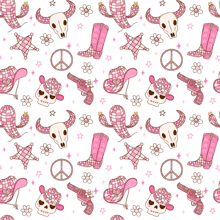 with Pink Western Cartoon Motifs seamless PBR texture preview