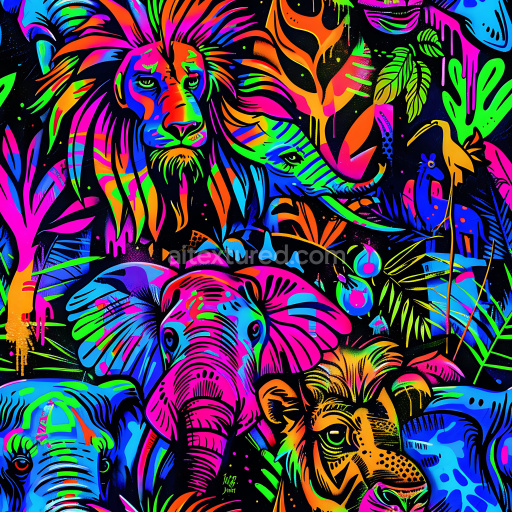 Seamless 3D PBR Texture Featuring Neon Jungle Animal Graffiti Art