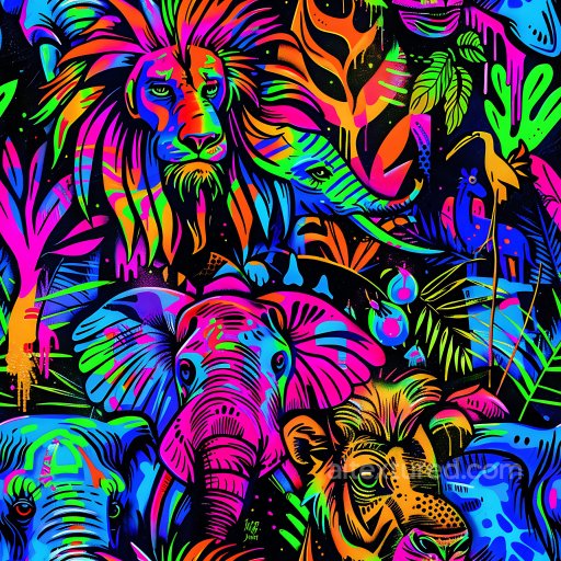 Seamless 3D PBR Texture Featuring Neon Jungle Animal Graffiti Art texture preview