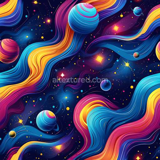 Seamless 3D Stylized Space PBR Texture with Colorful Planets and Flowing Nebulae