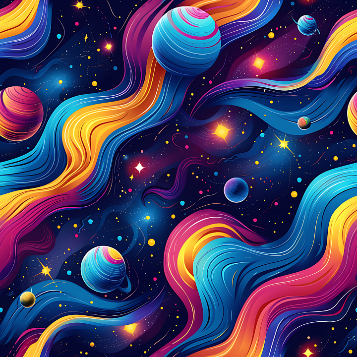 Stylized Space with Colorful Planets and Flowing Nebulae seamless PBR texture preview