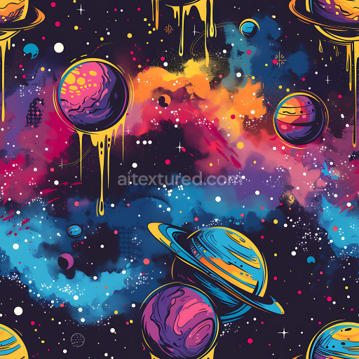 Seamless 3D PBR Graffiti Texture Featuring Dripping Cosmic Planets and Vibrant Nebulas