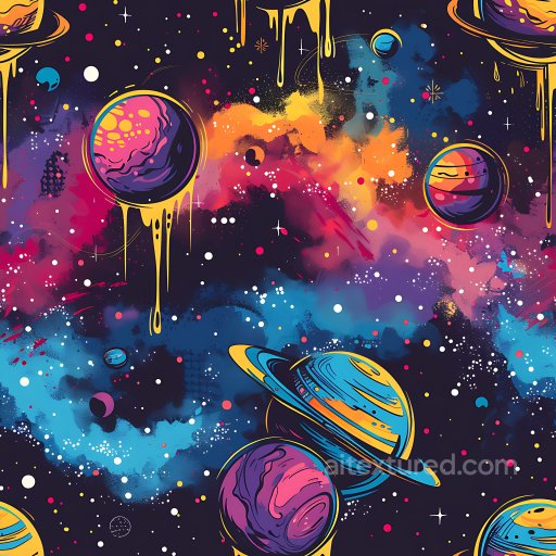 Seamless 3D PBR Graffiti Texture Featuring Dripping Cosmic Planets and Vibrant Nebulas texture preview