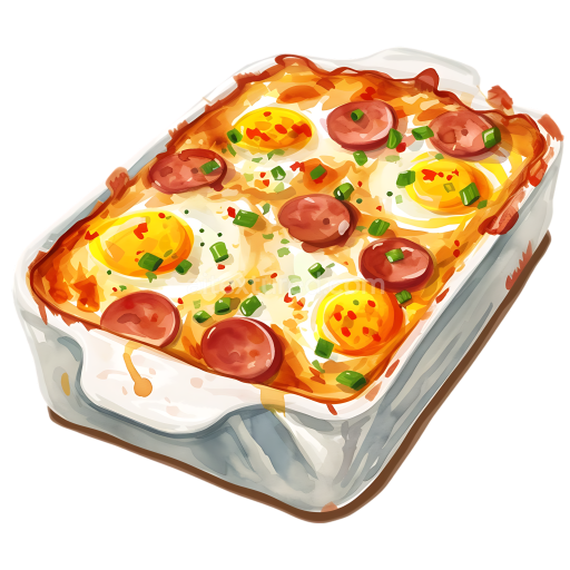 Breakfast Casserole with Sausage and Eggs in Baking Dish Illustration
