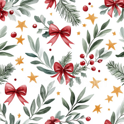 seamless Seamless 3D PBR Christmas Watercolor Texture with Bows, Greenery and Gold Stars texture 8k free download PBR