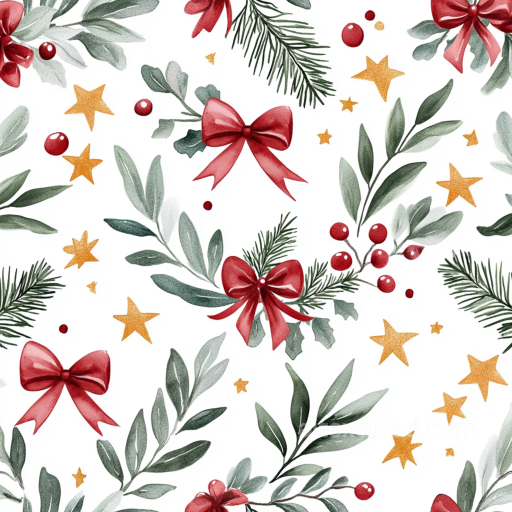 Christmas Watercolor Texture with Bows, Greenery and Gold Stars seamless Christmas Watercolor PBR texture