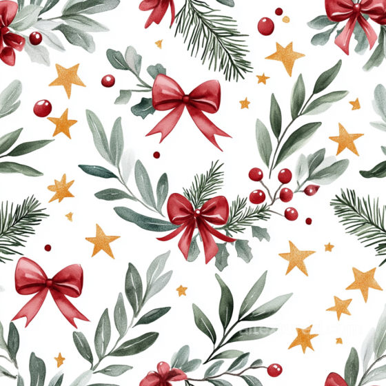 Christmas Watercolor Texture with Bows, Greenery and Gold Stars Christmas Watercolor texture preview