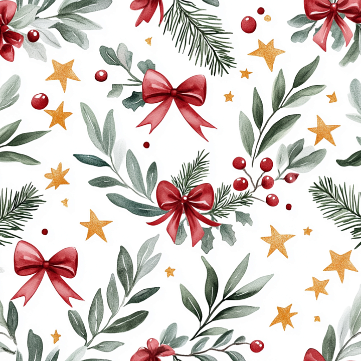 Christmas Watercolor with Bows, Greenery and Gold Stars seamless PBR texture preview