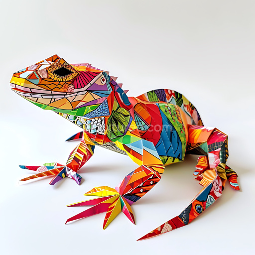 Seamless 3D PBR Texture of Caiman Lizard Origami with Vibrant Multicolor Geometric Patterns
