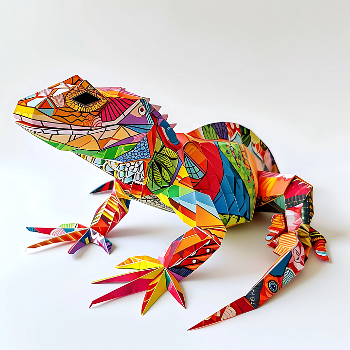 Animal of Caiman Lizard Origami with Vibrant Multicolor Geometric Patte… seamless PBR texture preview