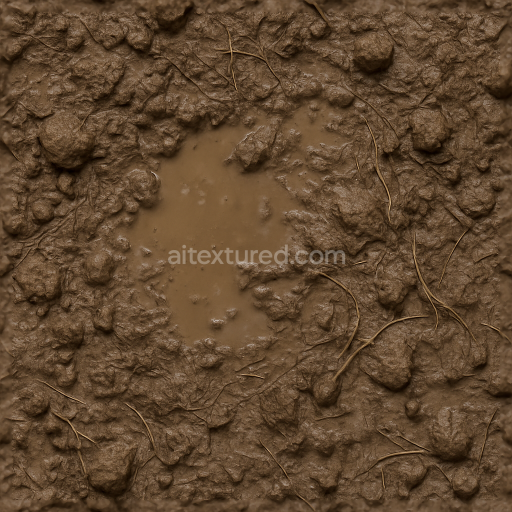 Seamless 3d texture pbr 8k wet mud ground surface with organic debris and soil clods