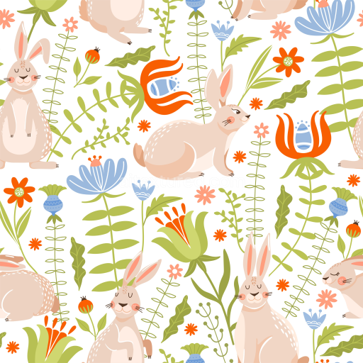 Seamless 3D PBR Texture Featuring Cute Easter Bunnies and Vibrant Floral Pattern