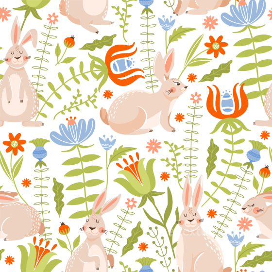 Featuring Cute Easter Bunnies and Vibrant Floral Pattern All Easter Digital paper texture preview
