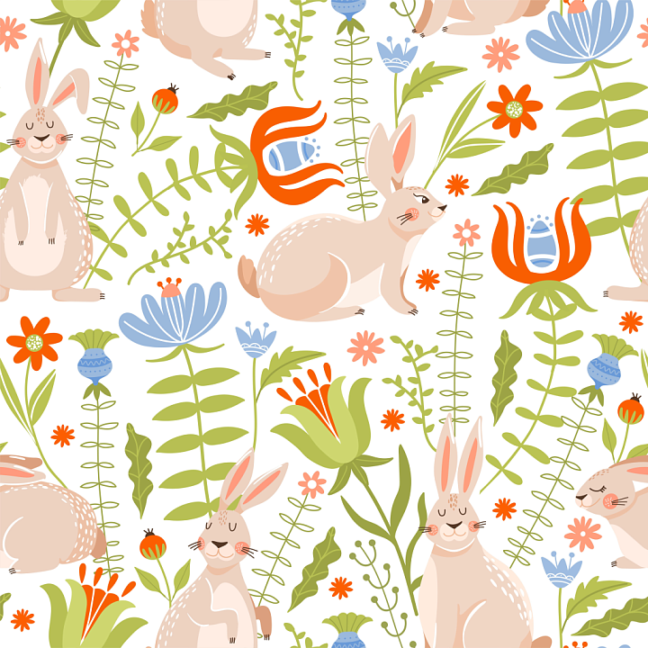 All Easter Digital paper of Pastel Easter Bunnies and Spring Flowers seamless PBR texture preview