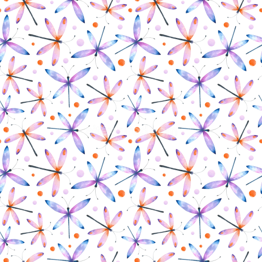 Seamless 3D PBR Texture Featuring Watercolor Dragonfly Pattern in Purple and Orange